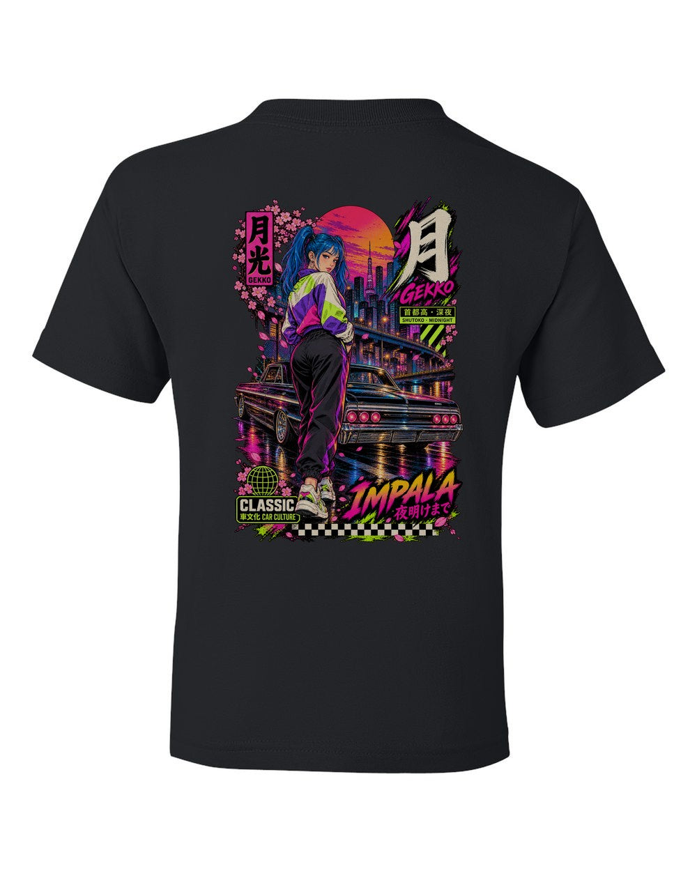 GEKKO IMPALA full-back artwork black kids tee back view with the design