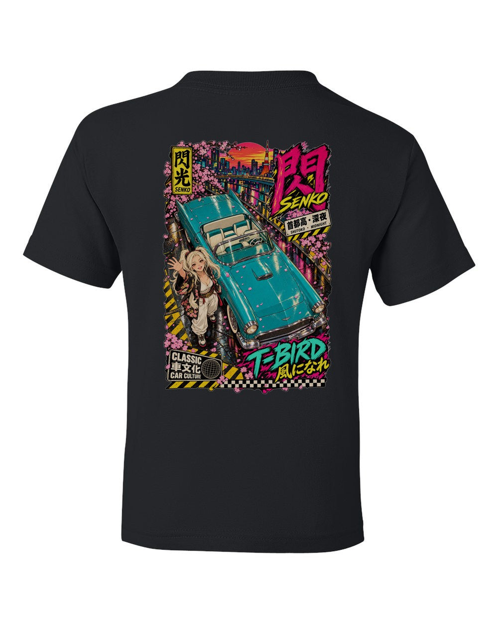 SENKO T-BIRD full-back artwork black kids tee back view with the design