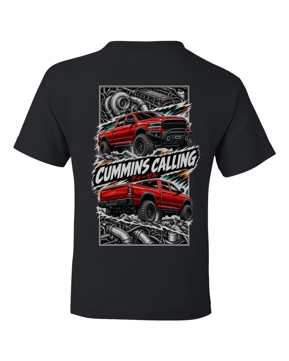 RAM Cummins torn poster black kids tee back view with the design