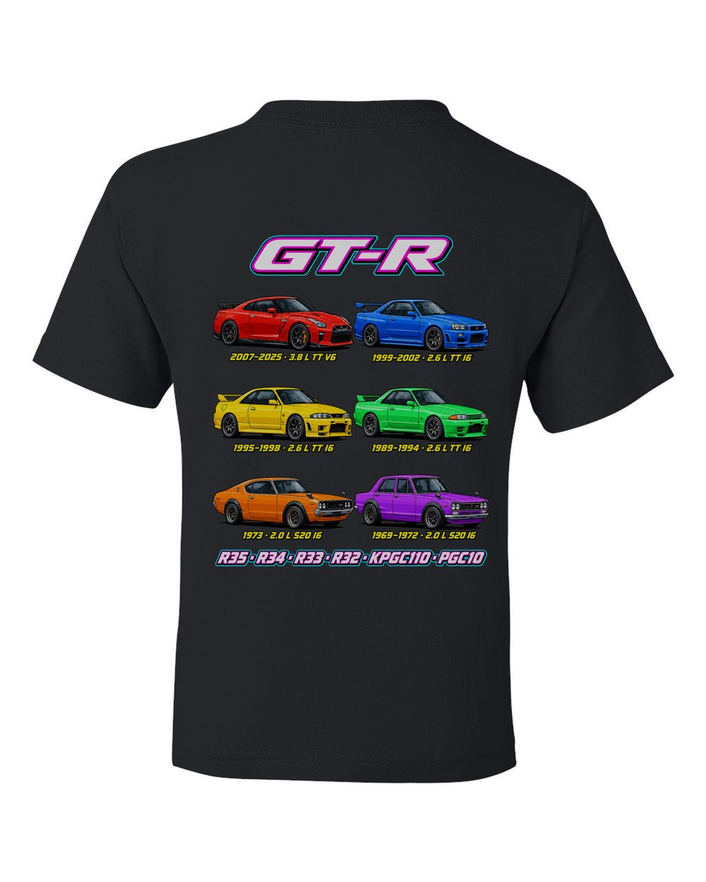 Nissan Skyline GT-R evolution poster black kids tee back view with the design