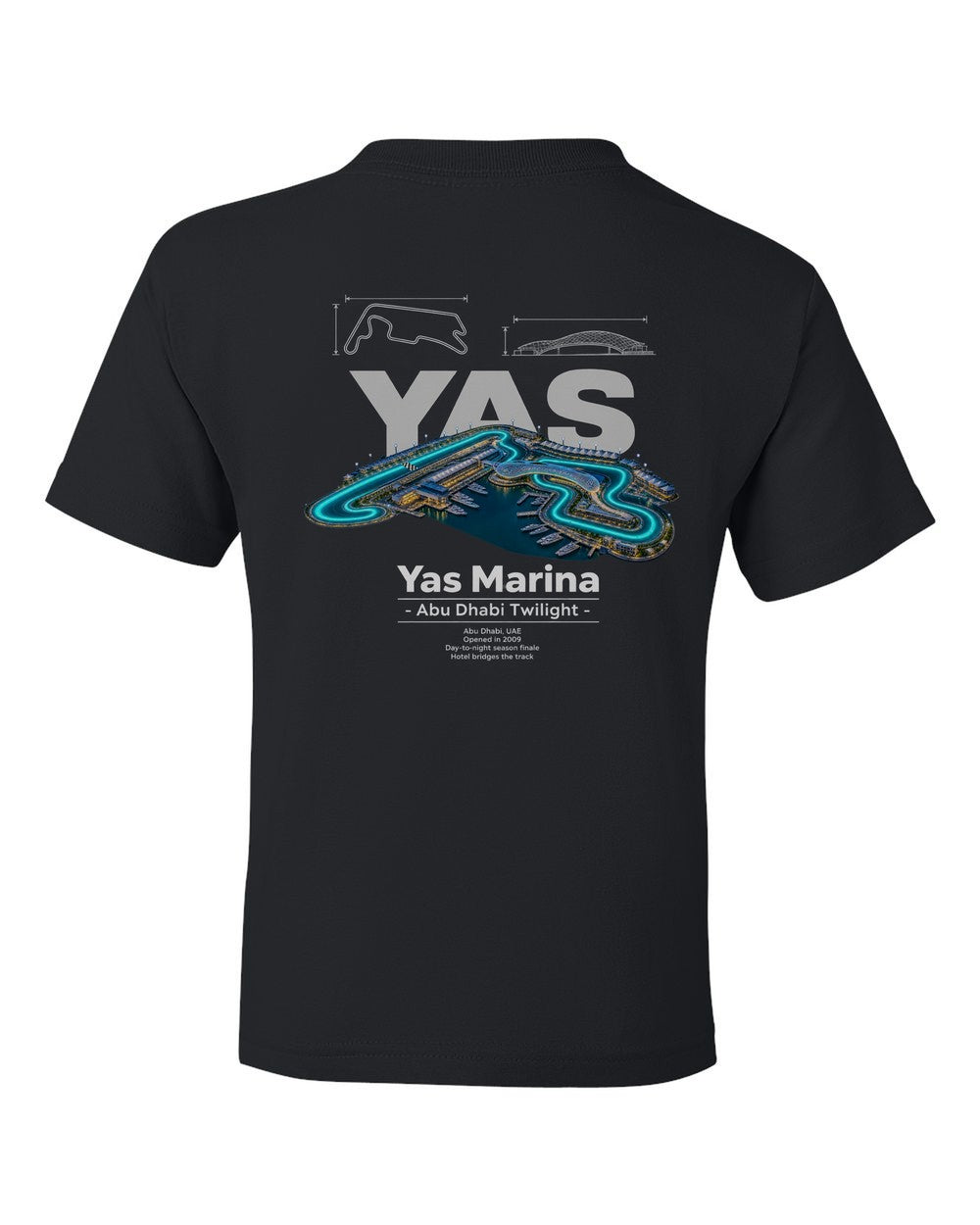 Yas Marina black kids tee back view with the design
