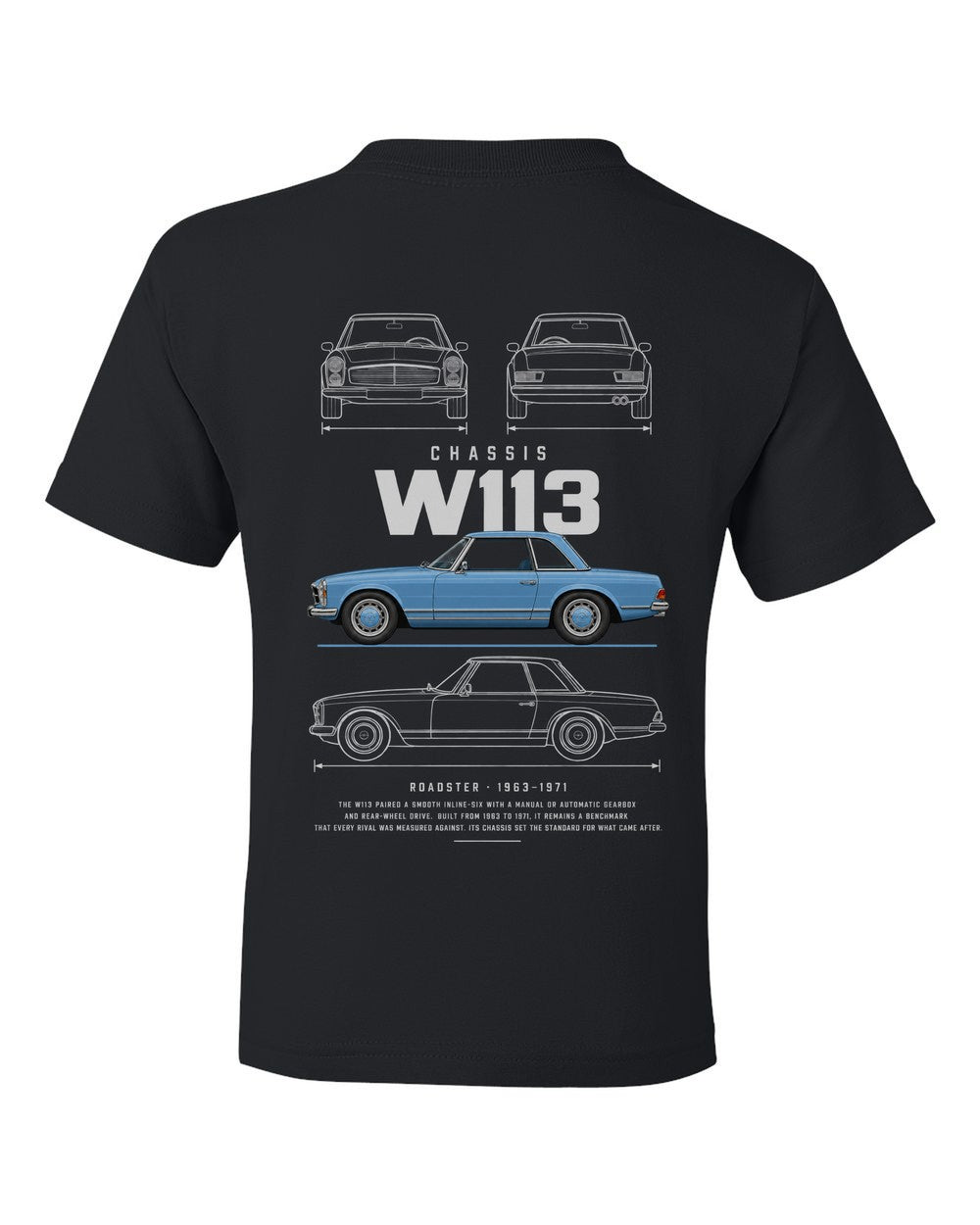 W113 full-back artwork black kids tee back view with the design