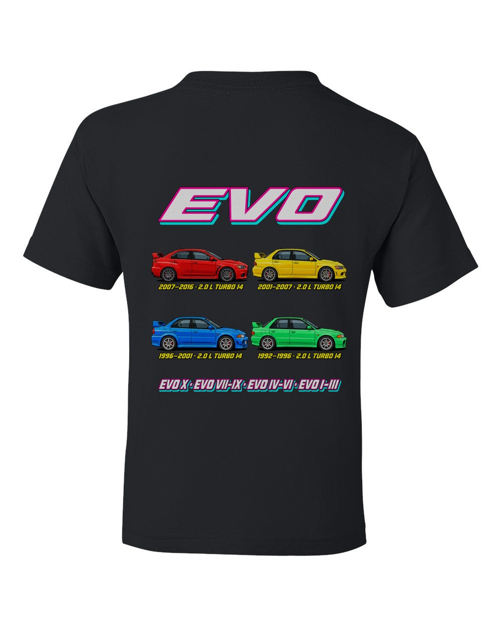 Mitsubishi Evo evolution poster black kids tee back view with the design