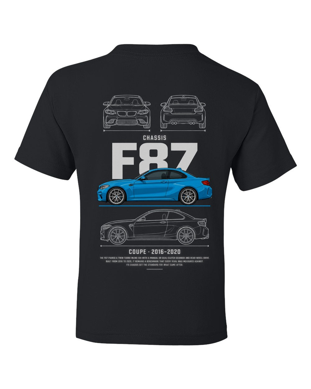 F87 full-back artwork black kids tee back view with the design