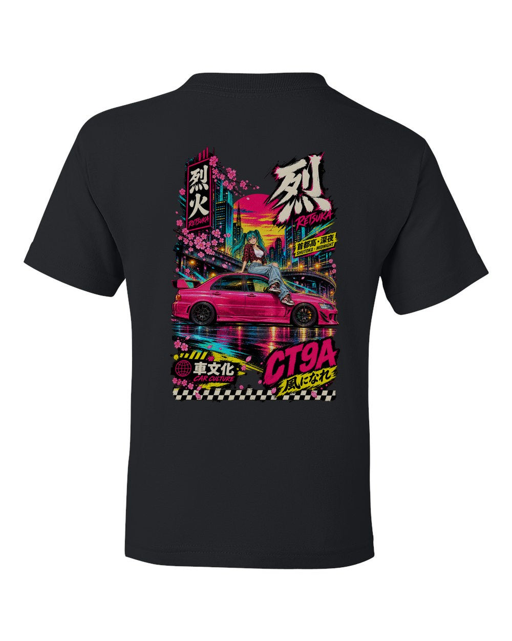 RETSUKA CT9A full-back artwork black kids tee back view with the design