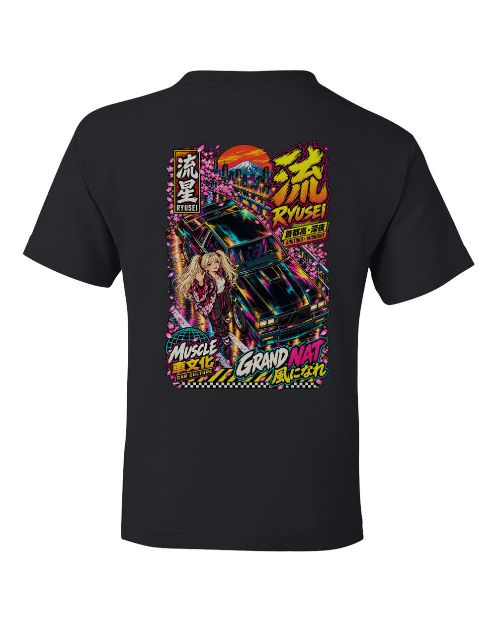 RYUSEI GRAND NAT full-back artwork black kids tee back view with the design