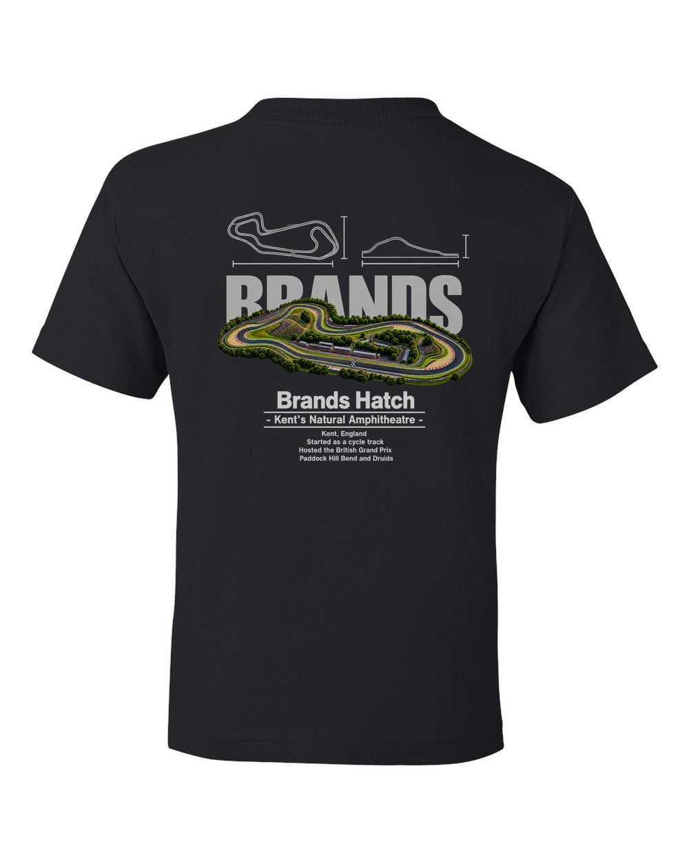 Brands Hatch black kids tee back view with the design