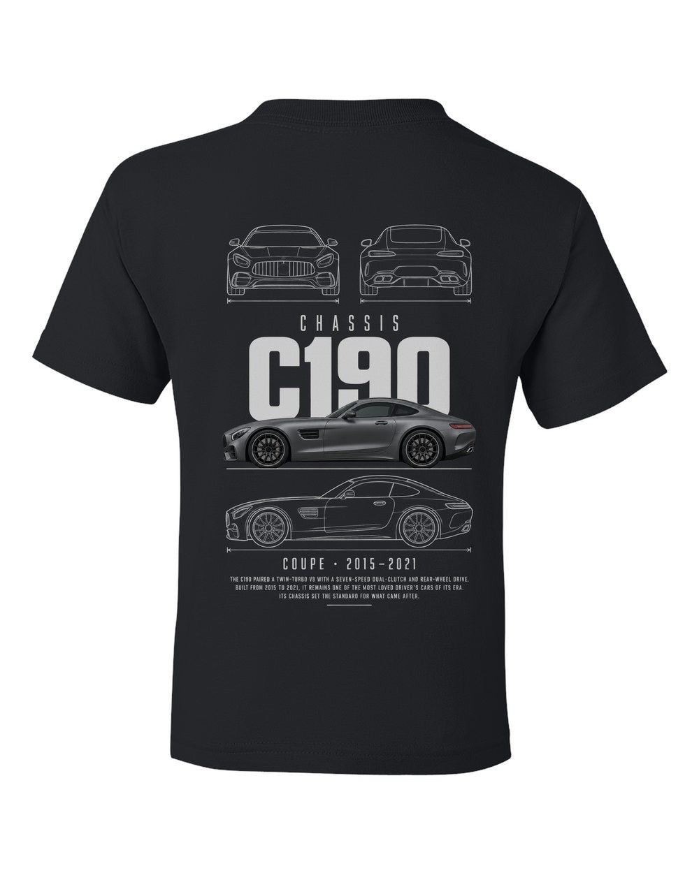 C190 full-back artwork black kids tee back view with the design