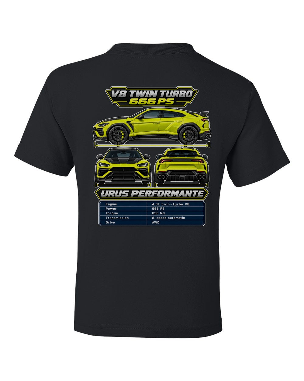Lamborghini Urus Performante spec sheet black kids tee back view with the design