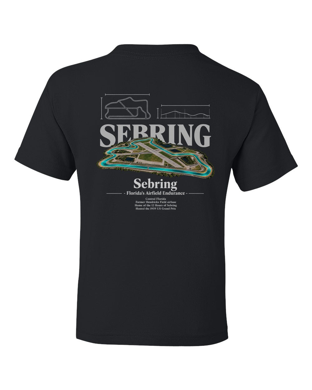Sebring black kids tee back view with the design