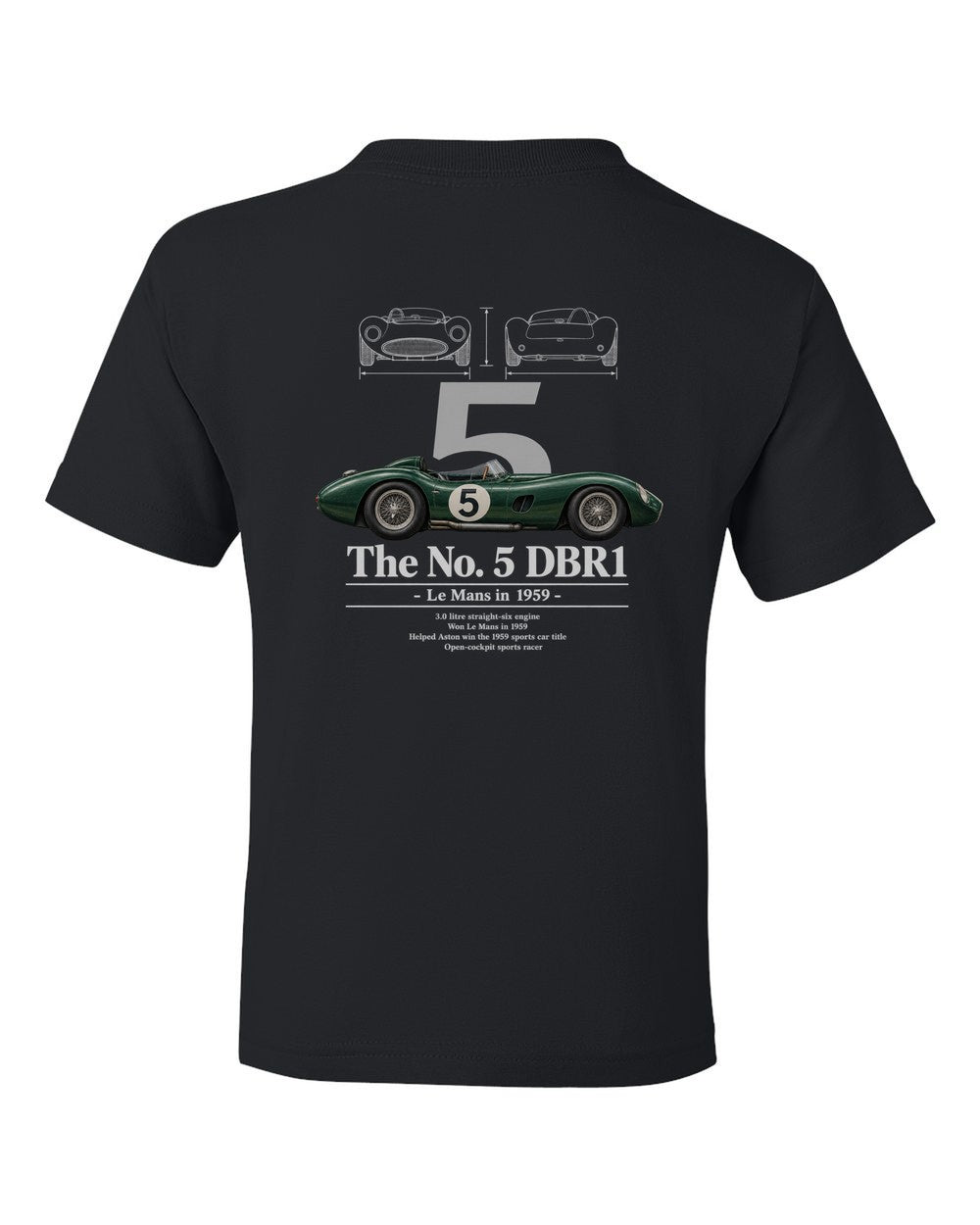 No. 5 DBR1 black kids tee back view with the design