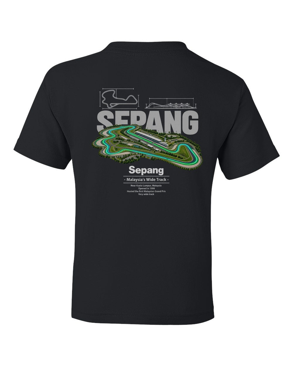 Sepang black kids tee back view with the design