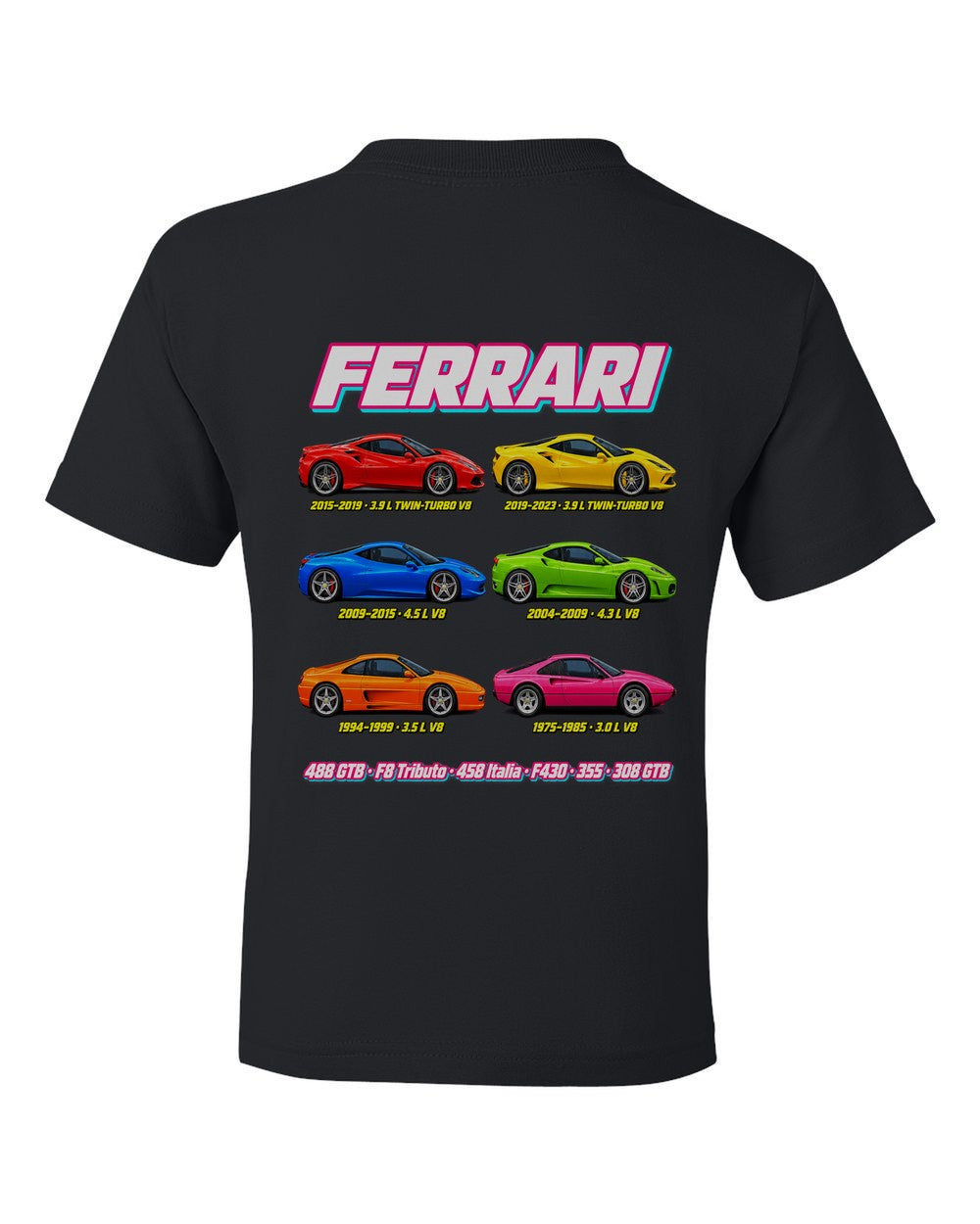 Ferrari V8 evolution poster black kids tee back view with the design