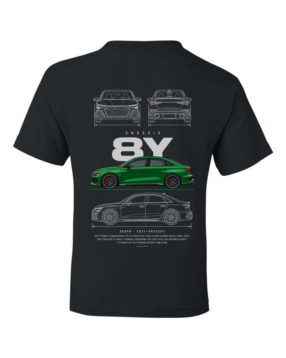 8Y full-back artwork black kids tee back view with the design