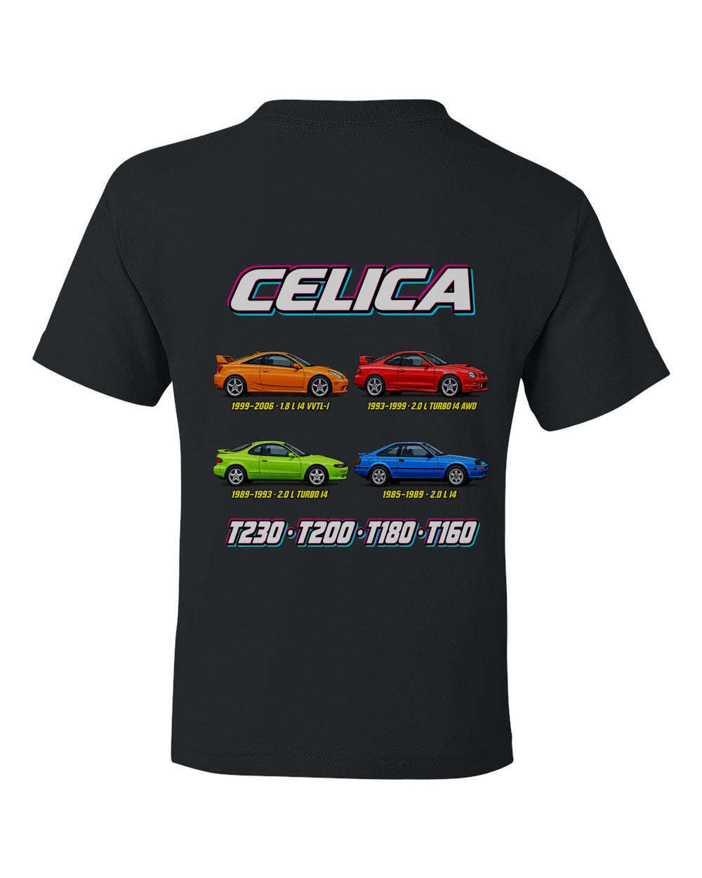 Toyota Celica evolution poster black kids tee back view with the design