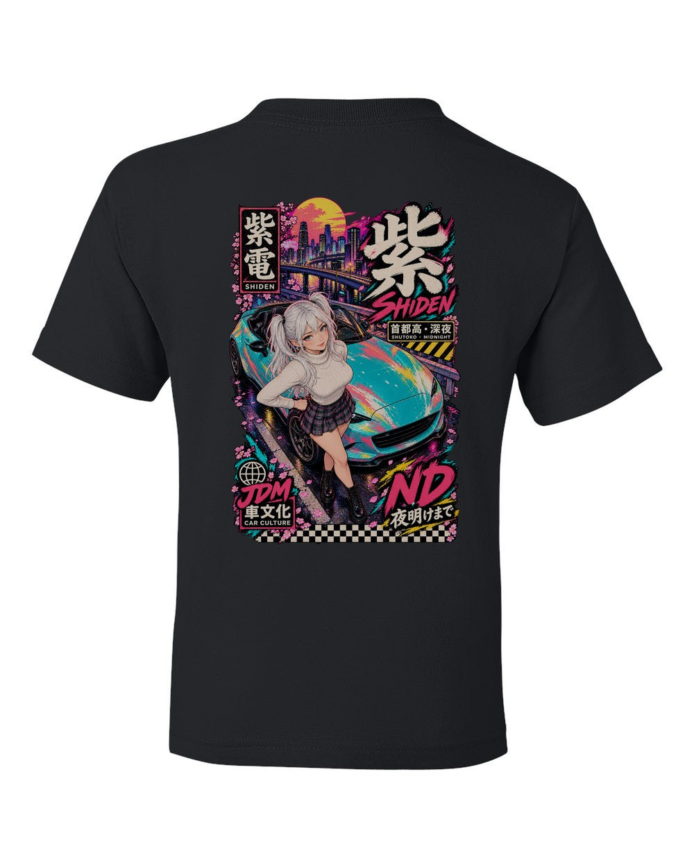 SHIDEN ND full-back artwork black kids tee back view with the design