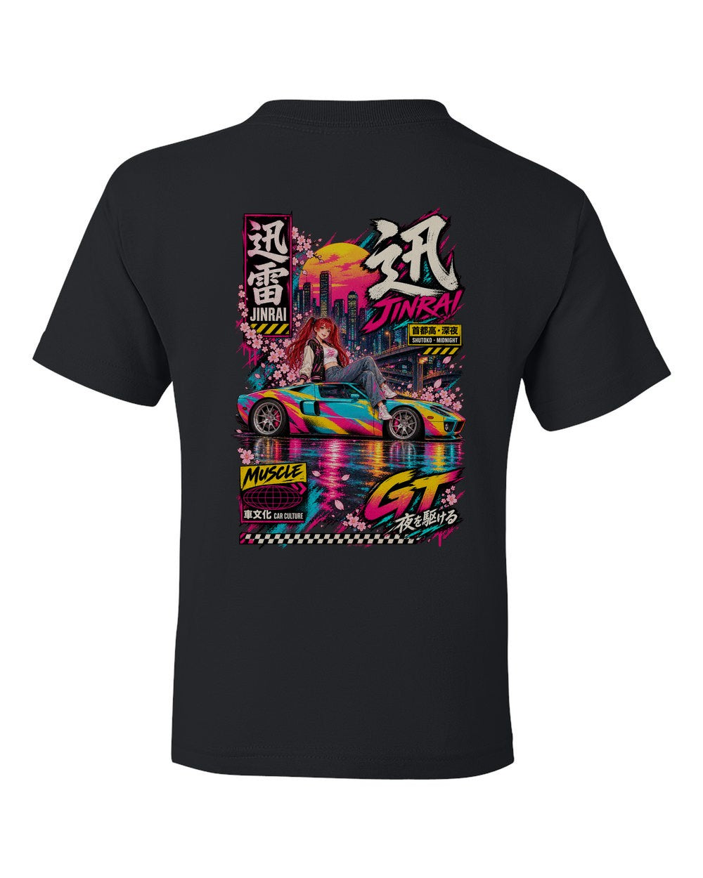 JINRAI GT full-back artwork black kids tee back view with the design