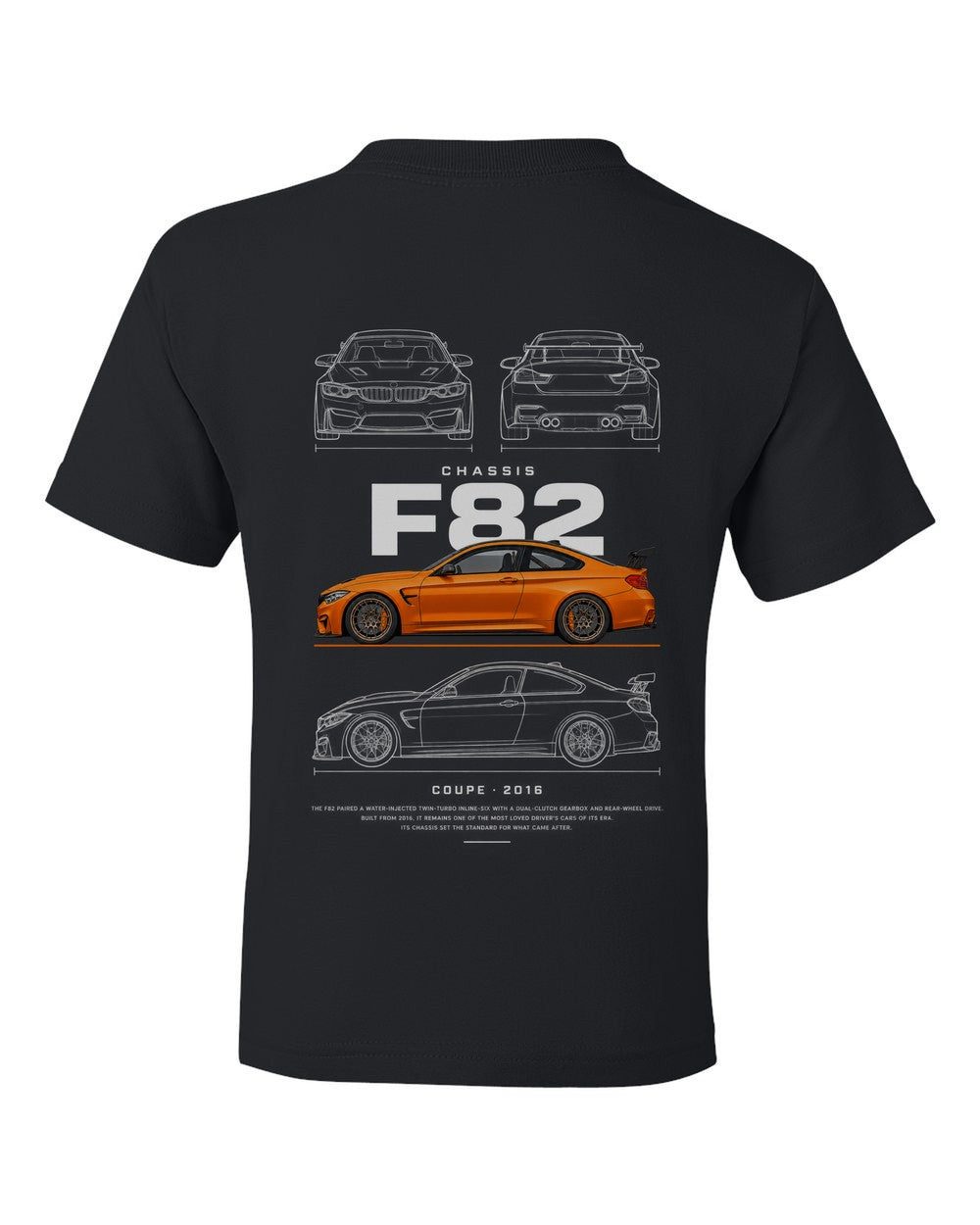 F82 full-back artwork black kids tee back view with the design