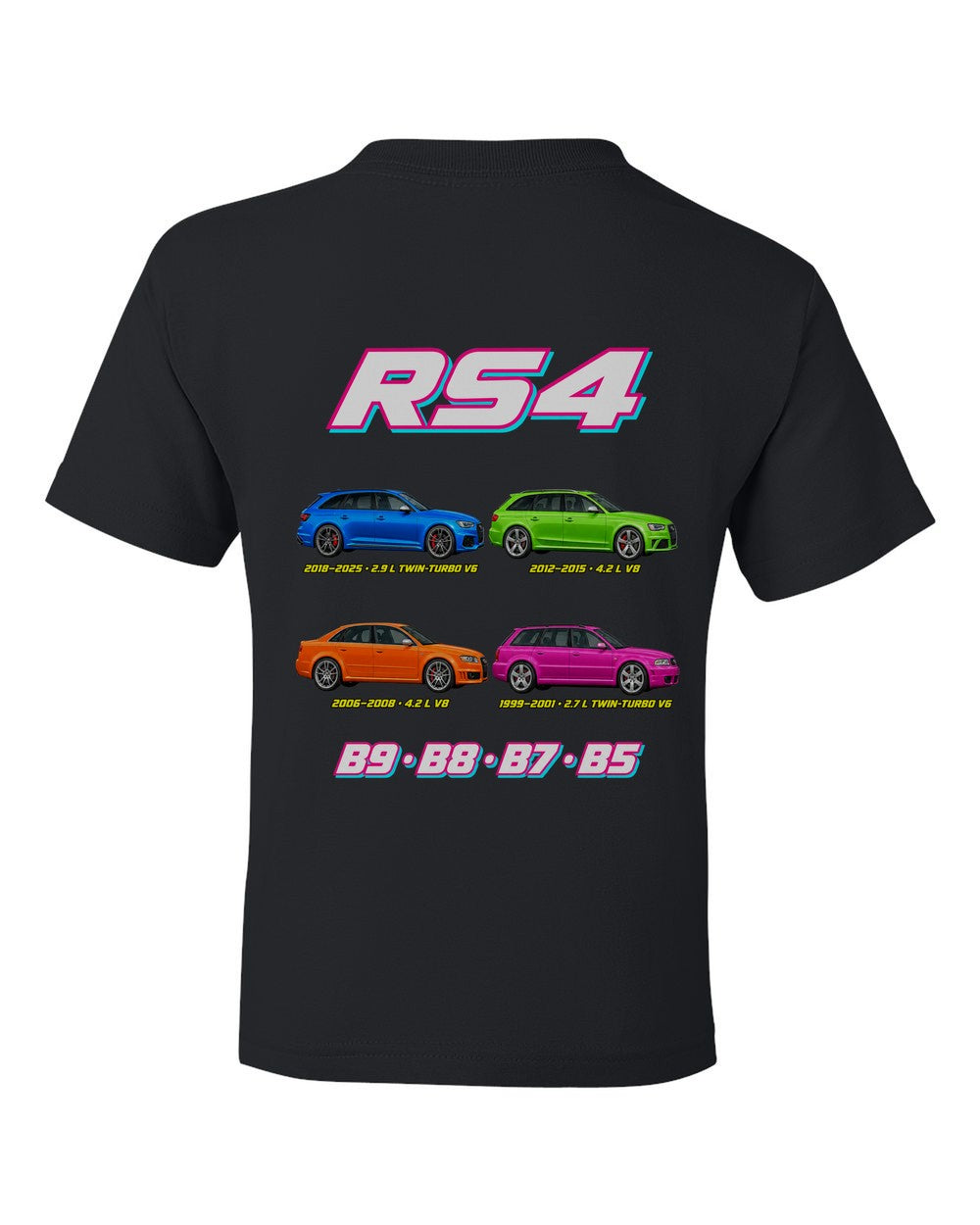 Audi RS4 evolution poster black kids tee back view with the design