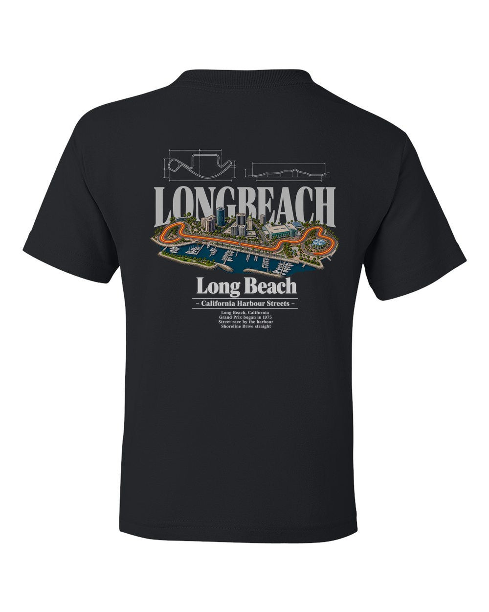 Long Beach black kids tee back view with the design