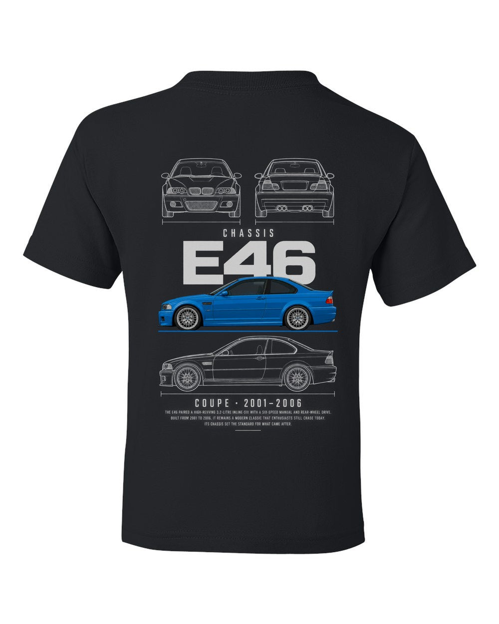 E46 full-back artwork black kids tee back view with the design