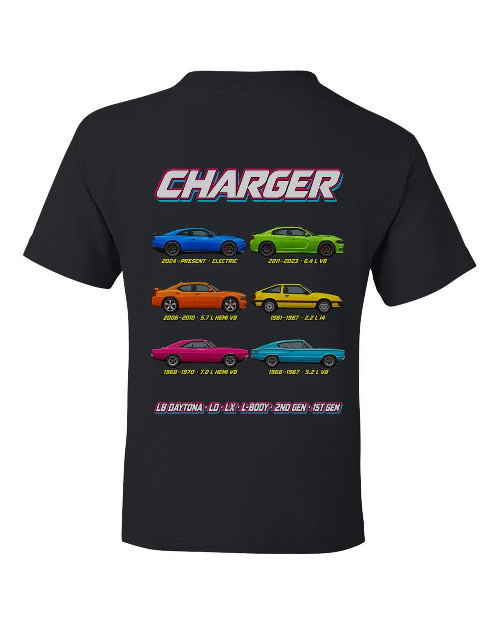 Dodge Charger evolution poster black kids tee back view with the design