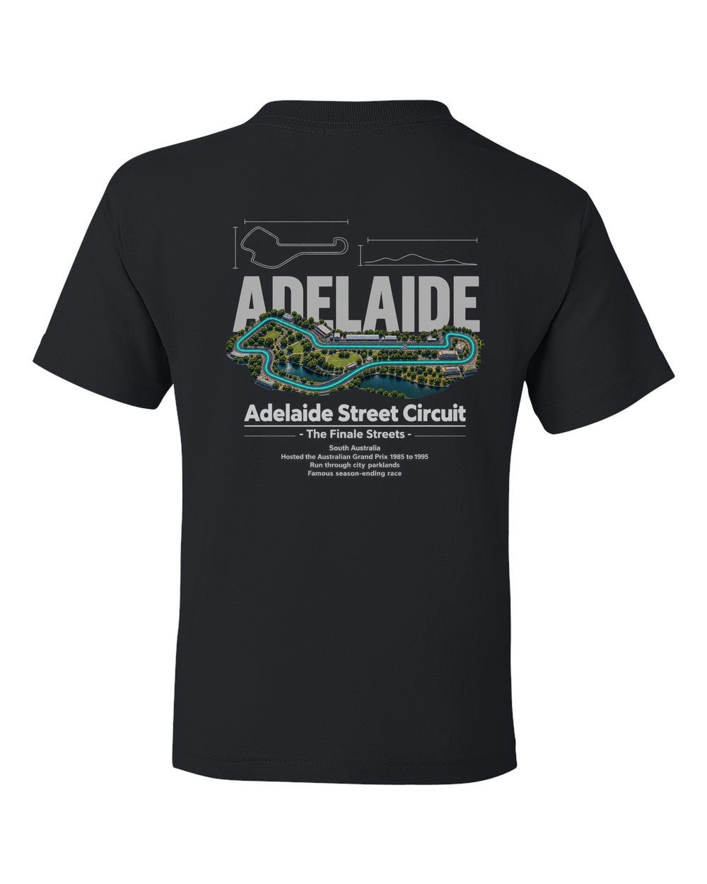 Adelaide Street Circuit black kids tee back view with the design