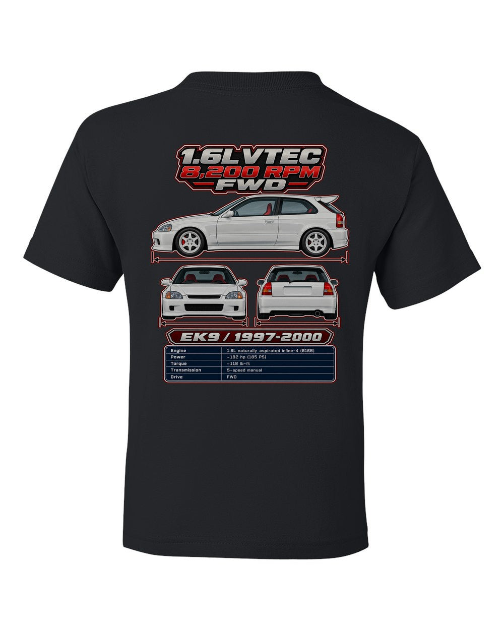 Honda Civic Type R Ek9 spec sheet black kids tee back view with the design