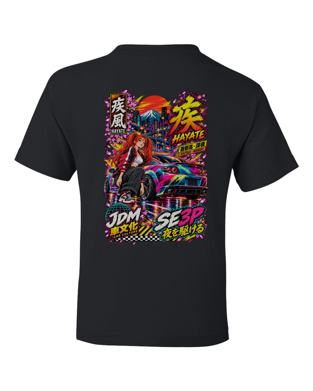 HAYATE SE3P full-back artwork black kids tee back view with the design