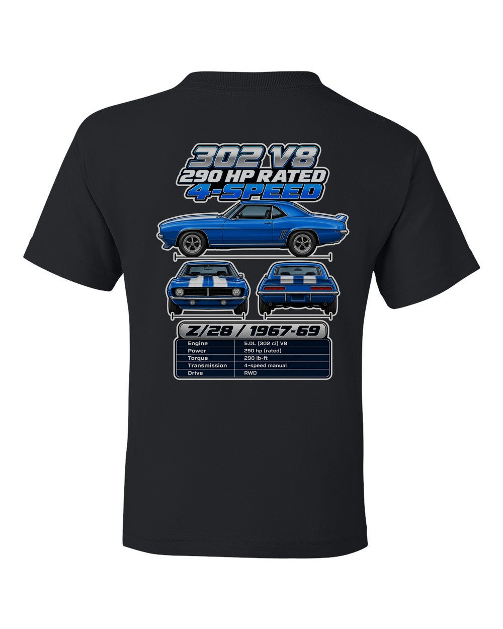 Chevrolet Camaro Z28 1967 spec sheet black kids tee back view with the design