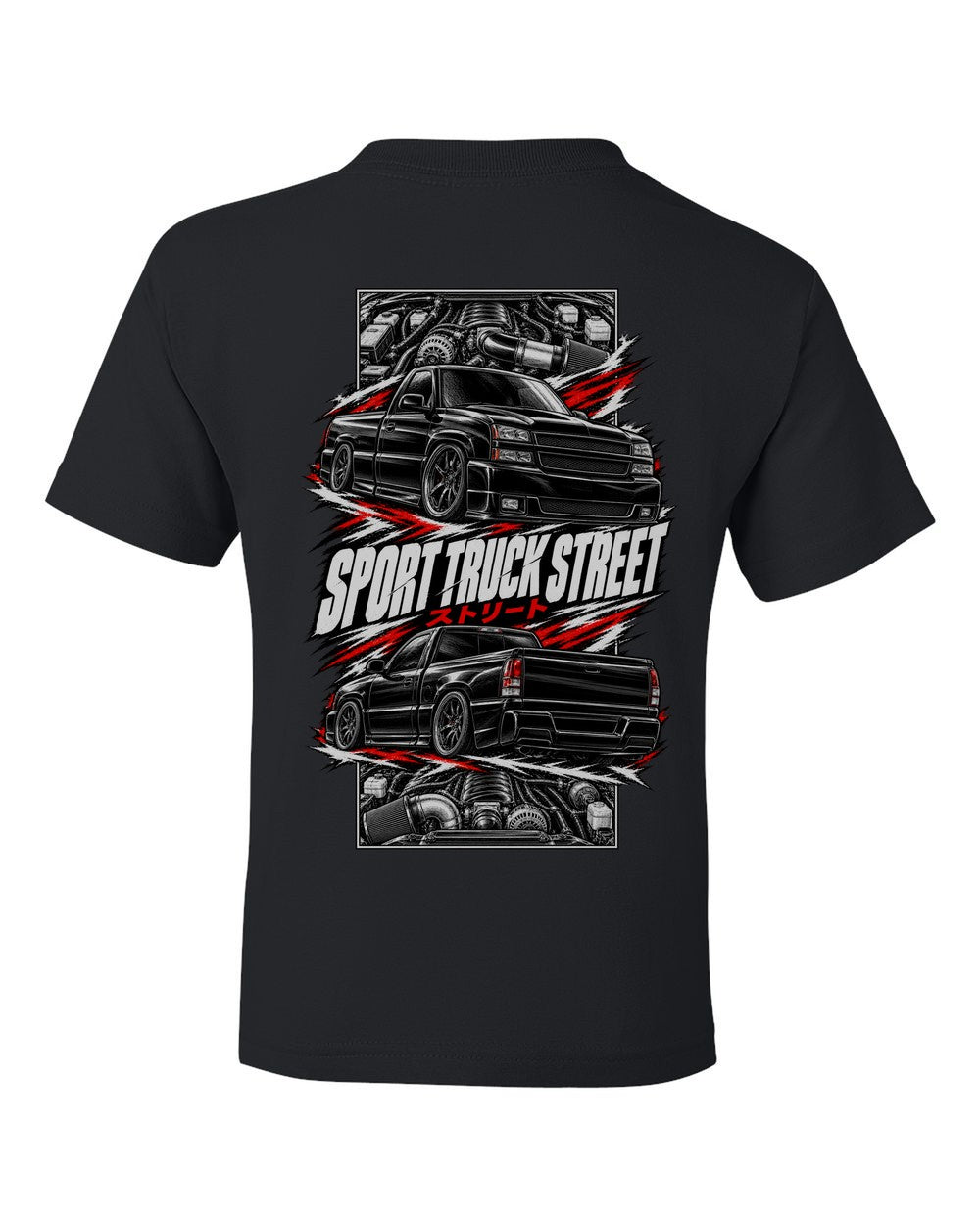 Chevy Silverado SS torn poster black kids tee back view with the design