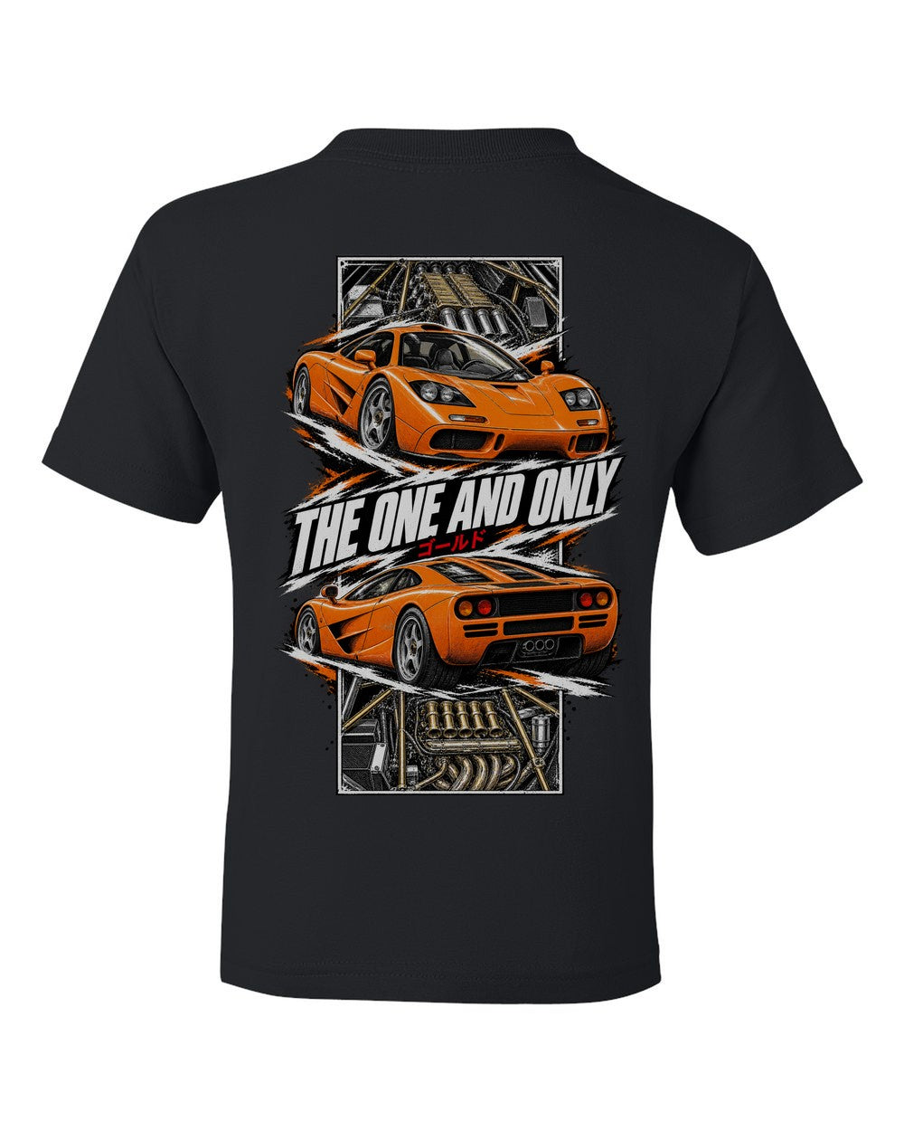 Mclaren F1 torn poster black kids tee back view with the design