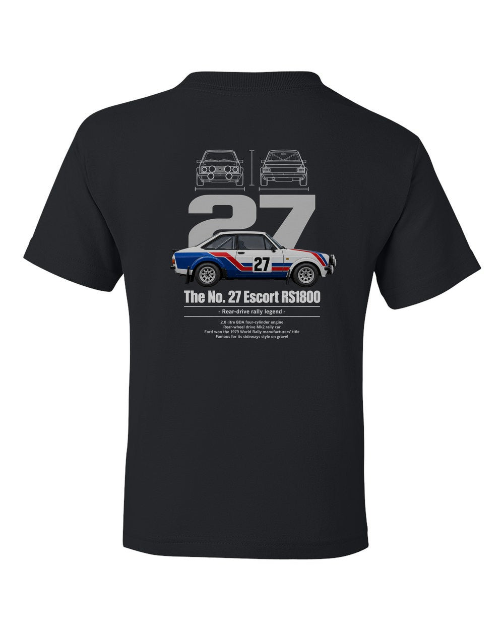 No. 27 Escort RS1800 black kids tee back view with the design
