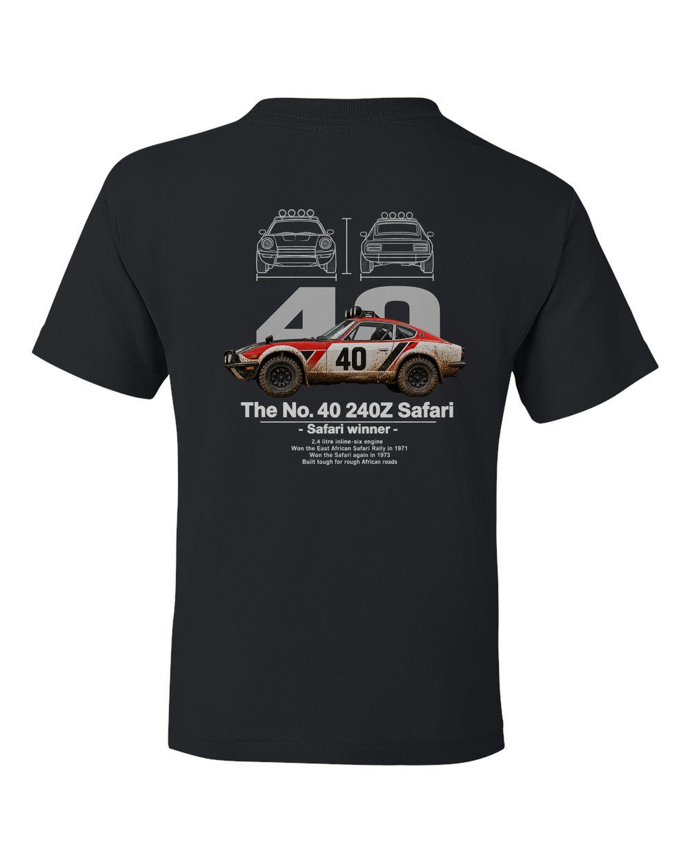 No. 40 240Z Safari black kids tee back view with the design
