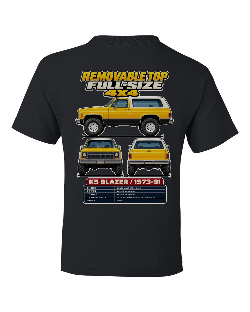Chevrolet K5 Blazer spec sheet black kids tee back view with the design