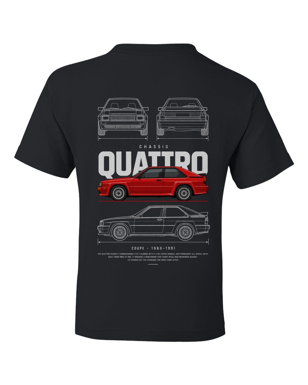 QUATTRO full-back artwork black kids tee back view with the design