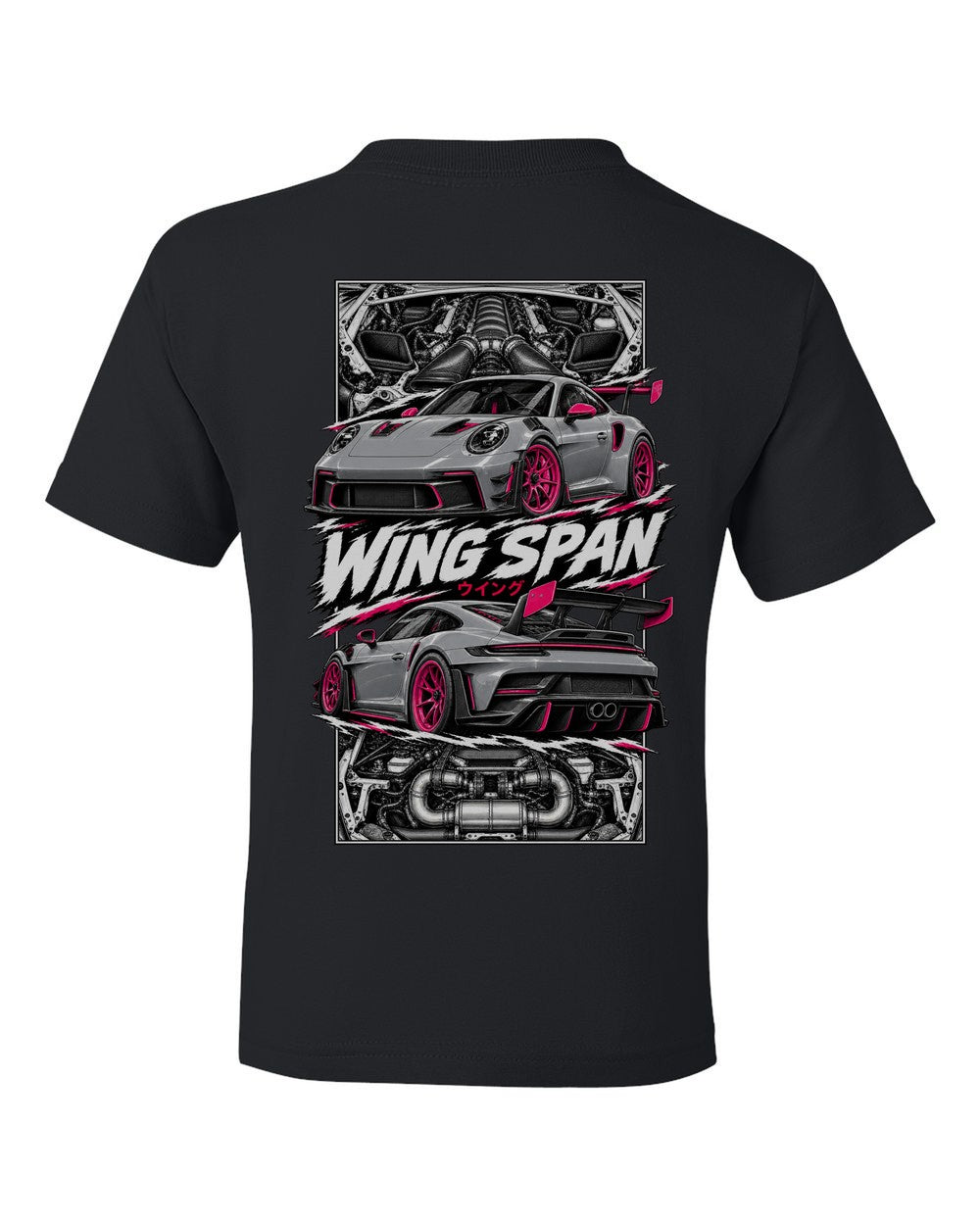 Porsche 992 Gt3 Rs torn poster black kids tee back view with the design