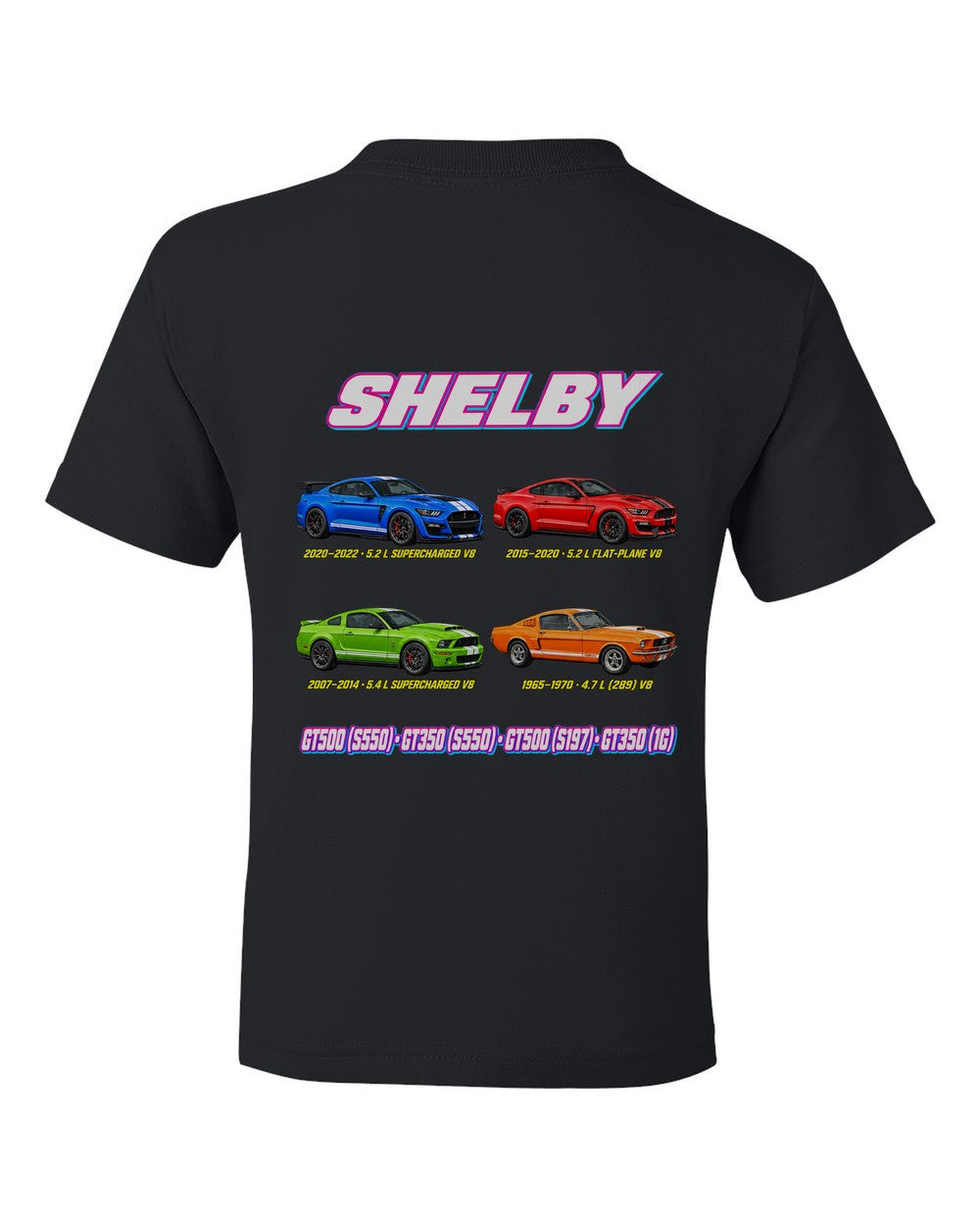 Shelby Mustang evolution poster black kids tee back view with the design