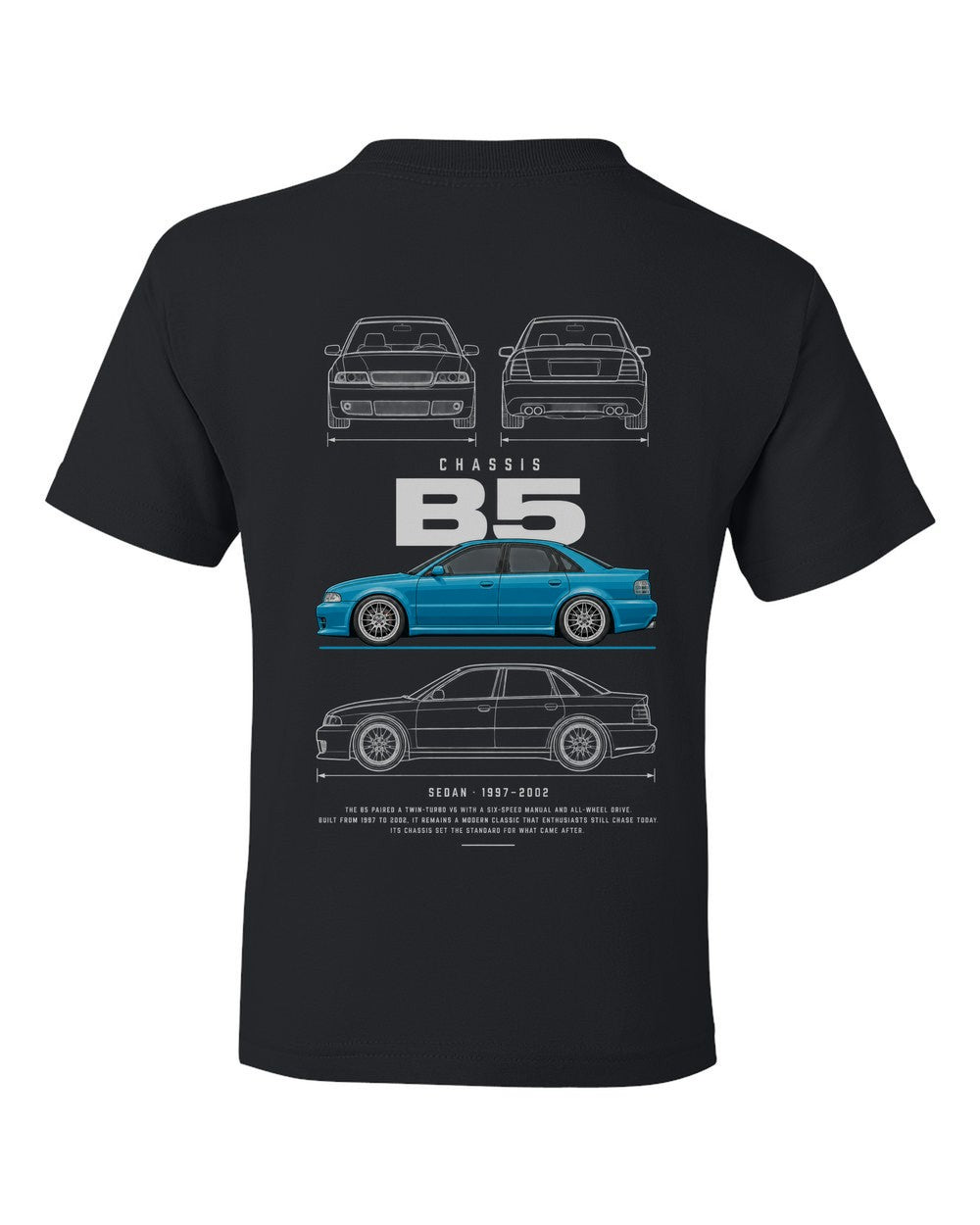 B5 full-back artwork black kids tee back view with the design