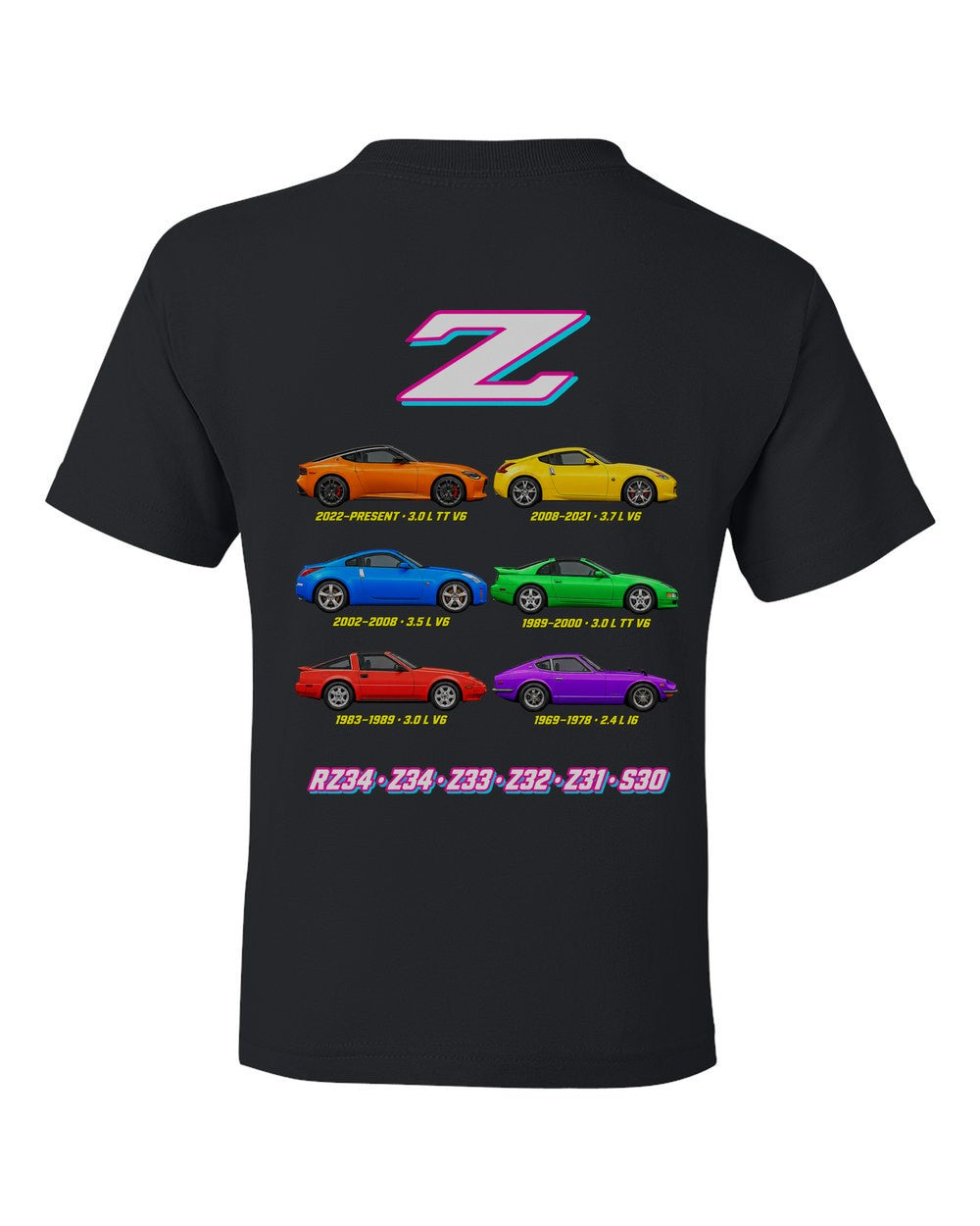 Nissan Z evolution poster black kids tee back view with the design