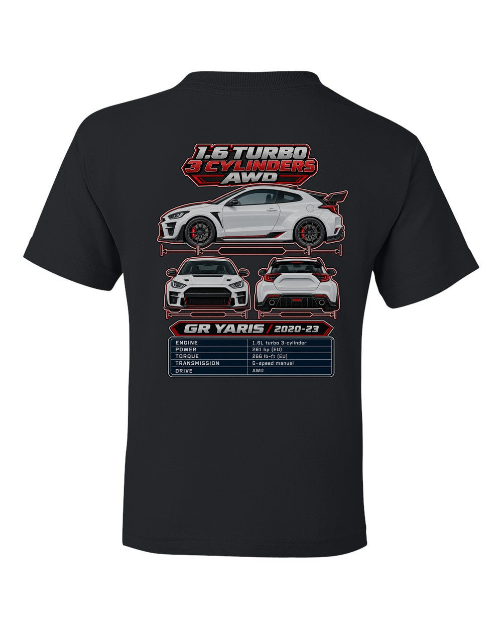Toyota GR Yaris spec sheet black kids tee back view with the design