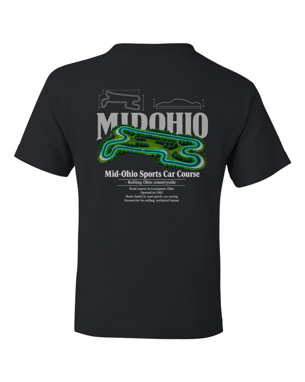 Mid-Ohio Sports Car Course black kids tee back view with the design