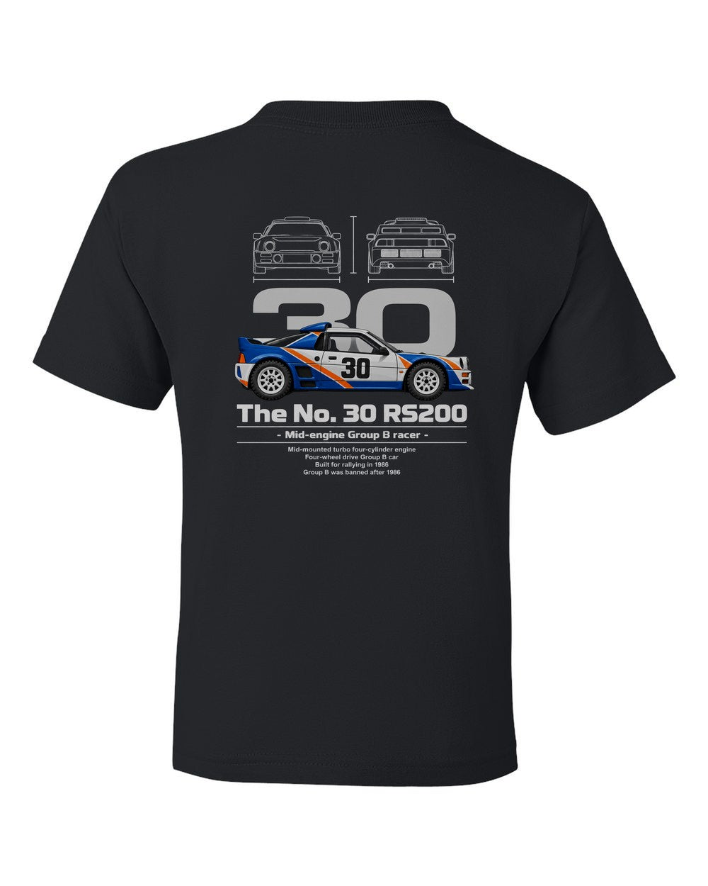 No. 30 RS200 black kids tee back view with the design
