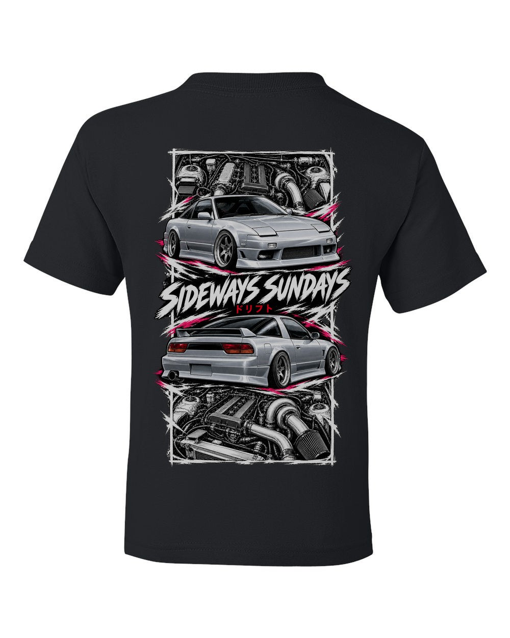 Nissan 180Sx S13 torn poster black kids tee back view with the design