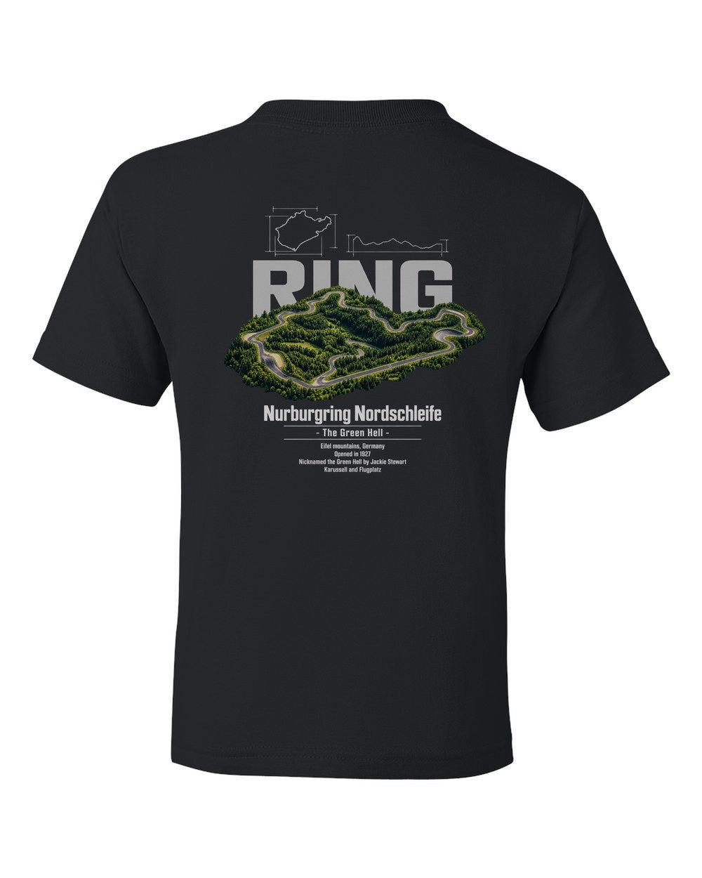 Nurburgring Nordschleife black kids tee back view with the design