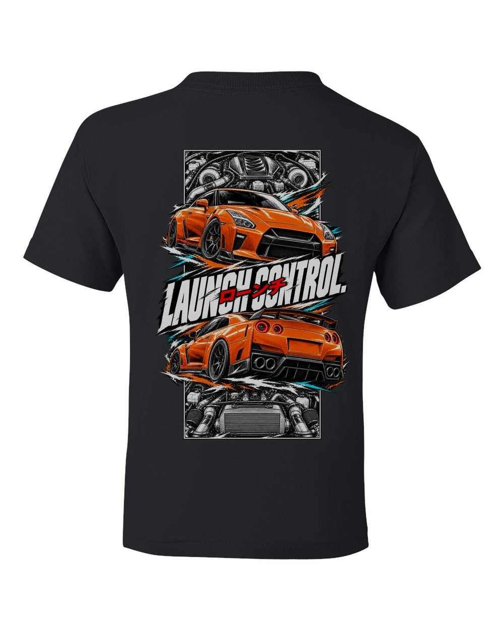 Nissan GT-R R35 torn poster black kids tee back view with the design