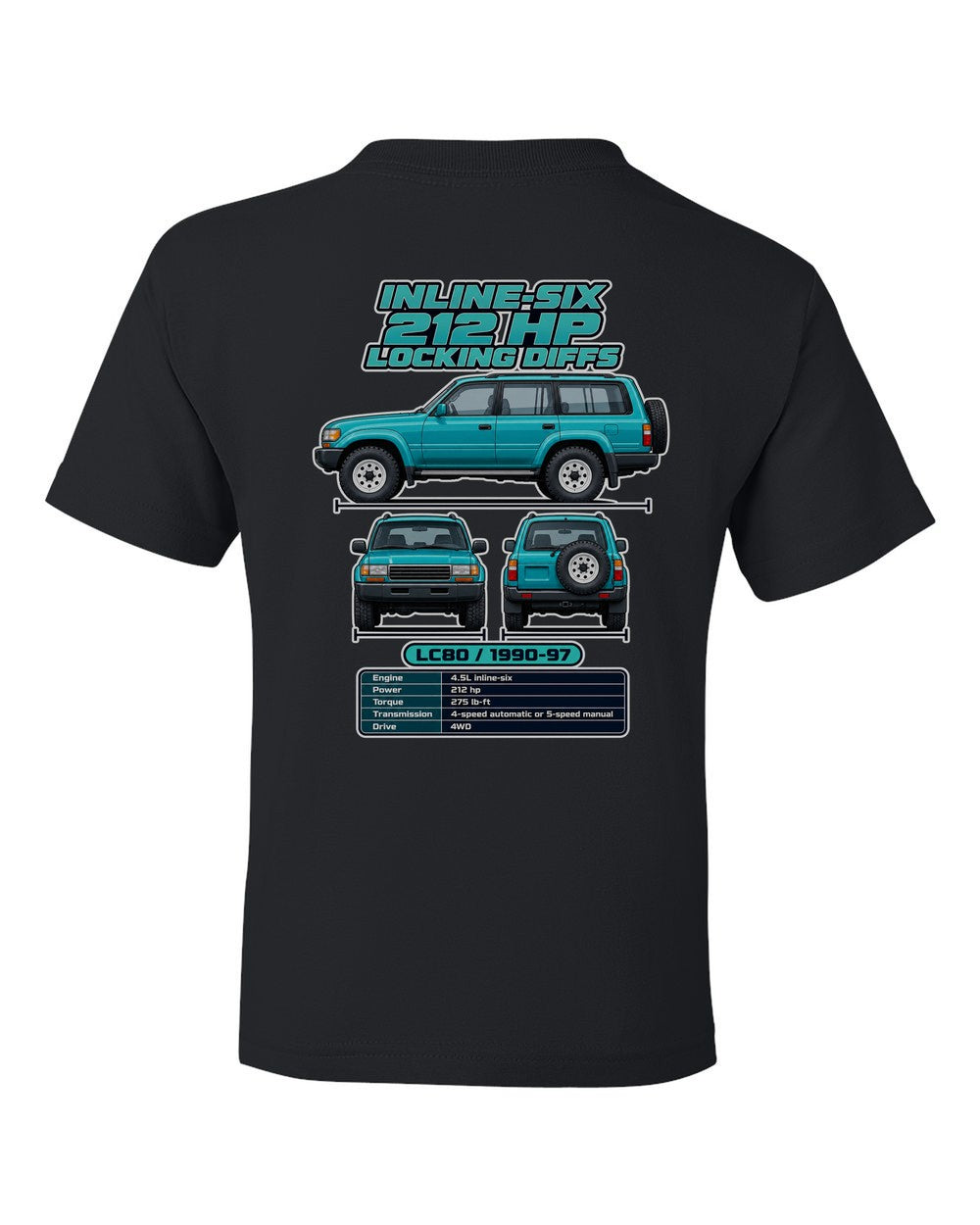 Toyota Land Cruiser 80 spec sheet black kids tee back view with the design
