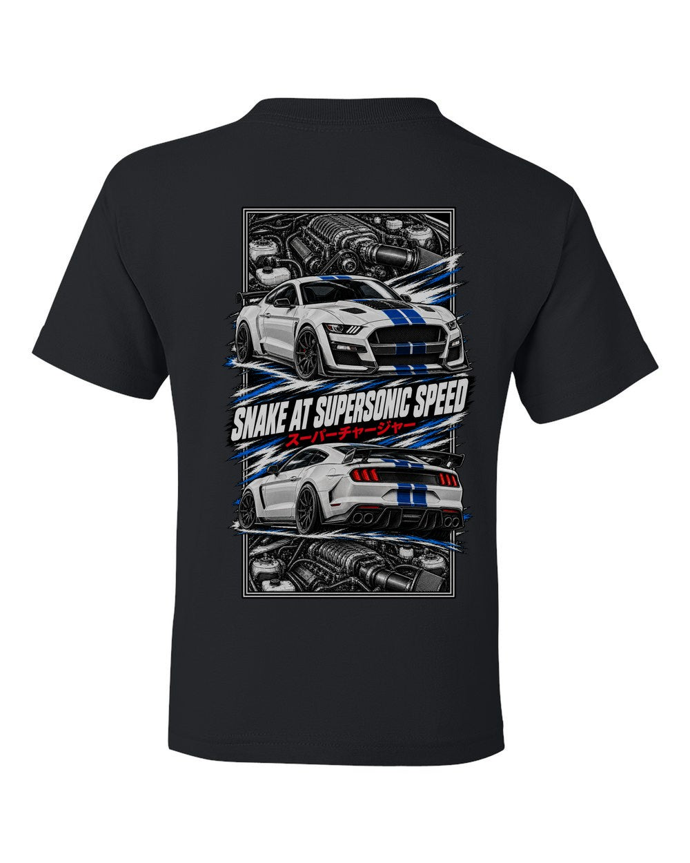 Shelby Gt500 torn poster black kids tee back view with the design