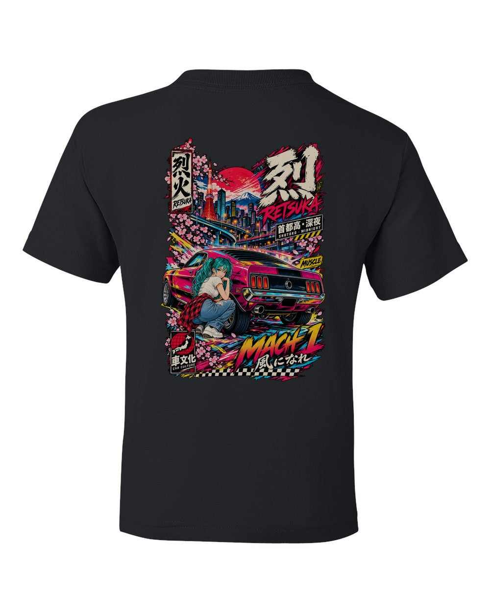 RETSUKA MACH 1 full-back artwork black kids tee back view with the design