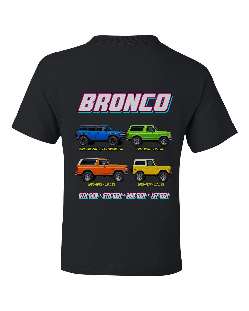 Ford Bronco evolution poster black kids tee back view with the design